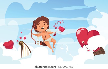 Amur cupid valentine day composition with character of amoretto flying among clouds red hearts and harp vector illustration