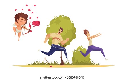 Amur cupid valentine day composition with running couple pursued by bow boy character with heart icons vector illustration