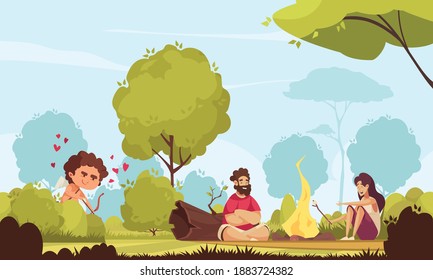 Amur cupid valentine day composition with outdoor park scenery and couple sitting near bonfire with cupid vector illustration