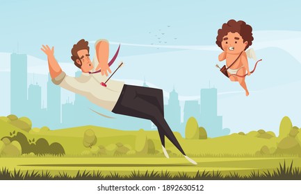 Amur cupid valentine day composition with outdoor scenery cityscape and flying amoretto character with shot man vector illustration