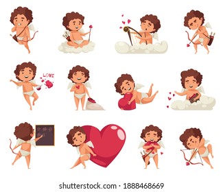 Amur Cupid Valentine Day Set Of Isolated Characters Of Amorette Doodle Bow Boy With Heart Icons Vector Illustration