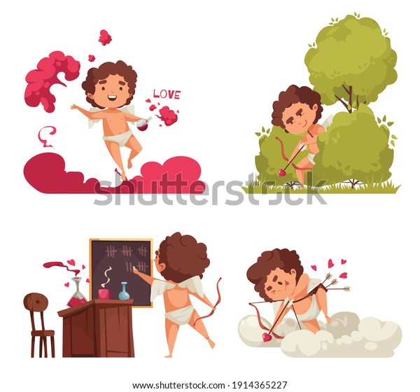 Amur cupid valentine day set of four\
compositions with doodle characters of amoretto in various\
situations vector\
illustration