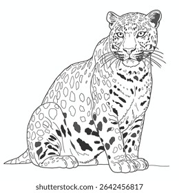 Amur Leopard – Panthera pardus orientali. Stunning leopard with spotted coat resting on solid ground. Wildlife nature concept. Illustrated in a detailed sketch resting on solid ground