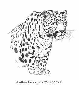 Amur Leopard - Panthera pardus orientalis.
Leopardo se agacha poderosamente com pontos intrincados no fundo branco limpo. Conceito de esboço de vida selvagem