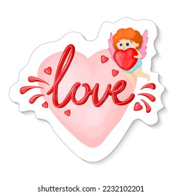 Amur mascot in a sticker. Cupid angel. Valentine's Day sticker. Vector illustration.