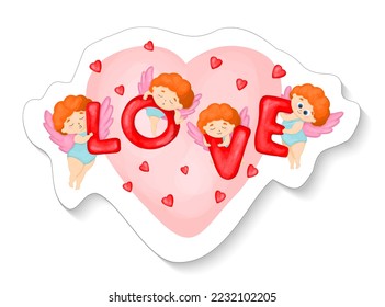 Amur mascot in a sticker. Cupid angel. Valentine's Day sticker. Vector illustration.