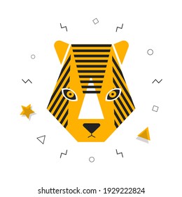 Amur tiger head in Memphis style. Abstract modern illustration of simple shapes. Graphic character.