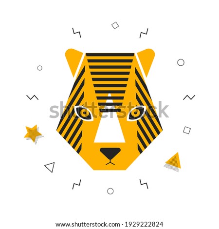 Amur tiger head in Memphis style. Abstract modern illustration of simple shapes. Graphic character.