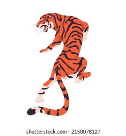 Amur tiger roaring and walking, back view. Wild bengal feline animal prowling, crawling, going, hunting. Striped wildcat, beast predator. Flat graphic vector illustration isolated on white background