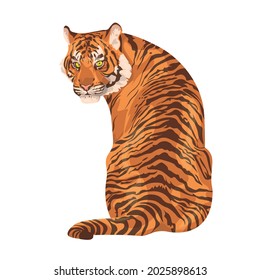 Amur tiger sits isolated on a white background. Vector tiger back view. Endangered animal
Animals of Asia. Panthera tigris. Big cats. Predatory mammals.