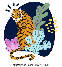 Amur tiger sitting in plants and algae isolated on white background. Vector tiger side view. Endangered animal