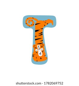 Amur tiger sleeps in the pose of the letter T. Cartoon character. Illustration for a children's book, cover. New Year 2022.