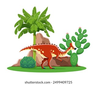 Amurosaururs cartoon prehistoric dinosaur character at tropical landscape with lush greenery, plants, cacti and rocky formations. Isolated vector herbivore dino reptile animal in its natural habitat