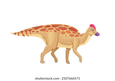 Amurosaurus prehistoric dinosaur. Isolated cartoon vector friendly dino featuring beige body with orange spots, pink crest on its head and purple snout. Bipedal herbivorous ancient reptile creature