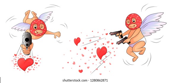 Amurs - killers aims at frame and at lovers. On the Cupids wearing a balaclava masks. Angel has in hands two guns firing hearts instead of bullets. Side view amd front.   Isolated on white background.