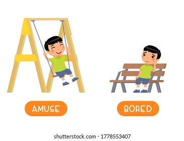 plantilla vectorial de tarjeta de texto AMUSE y BORED antonyms. Flashcard para el aprendizaje del inglés. Concepto opuesto.  Niño feliz de asia balanceándose, niño infeliz sentado en el banco