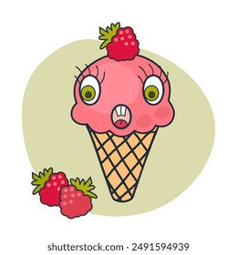 Amused face raspberry ice cream cone character with googly eyes. Perfect print for tee, sticker, poster. Retro style vector illustration for decor and design.