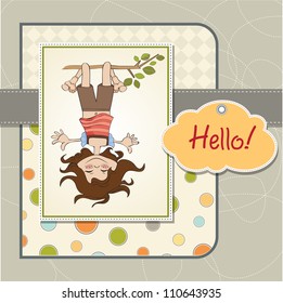 amused young girl standing with her head hanging down