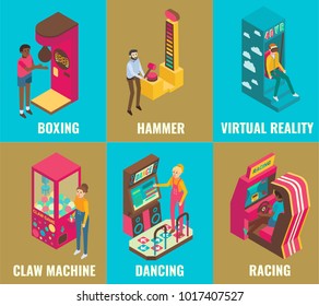 Amusement arcade game machine icon set. Vector 3d isometric illustration of boxing, hammer, virtual reality, claw machine, racing, dancing machines. Game club attractions concept design elements.