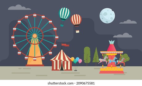 Amusement Carnaval Night Park Circus Tent Fair Vector Background Illustration