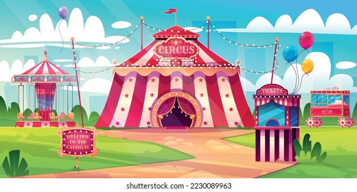 Amusement carnival park with circus tent, merry-go-round carousel and candy cotton booth, balloons and tickets kiosk. Festive fair and recreation entertainment attractions Cartoon vector illustration