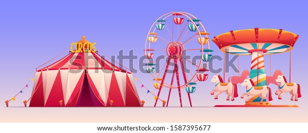 Amusement carnival park with circus tent and\
attractions ferris wheel and carousel with horses. Set of fair\
entertainment and family recreation objects, isolated clip art.\
Cartoon vector\
illustration