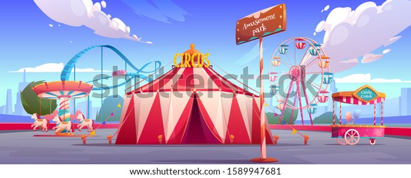 Amusement carnival park with circus tent,\
ferris wheel, roller coaster, merry-go-round carousel and candy\
cotton booth Festive fair and recreation entertainment attractions\
Cartoon vector\
illustration