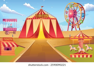 Amusement Carnival Park, Fun Fair Entertainment On Sunny Day. 3D Vector Illustration Of Royal Grand Circus Theme For E-commerce, Game Show, Kids Fun Activity Etc.