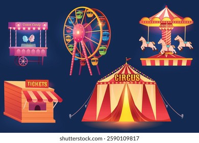 Amusement Carnival Park, Fun Fair Entertainment Game Elements On Dark Bacground. 3D Vector Illustration Of Royal Grand Circus Theme For E-commerce, Game Show, Kids Fun Activity Etc.