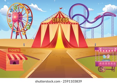 Amusement Carnival Park, Fun Fair Entertainment On Sunny Day. 3D Vector Illustration Of Royal Grand Circus Theme For E-commerce, Game Show, Kids Fun Activity Etc.