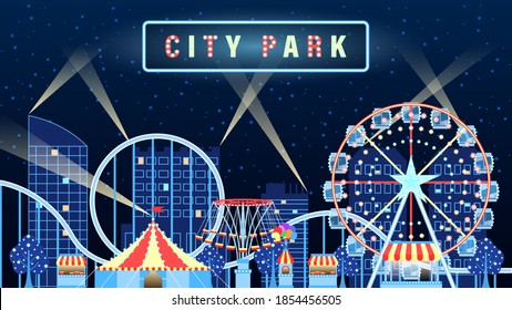 Amusement city park lights up at night flat cartoon