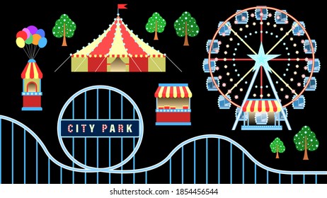 Amusement city park objects isolated black background