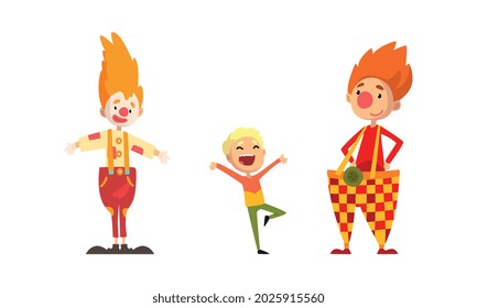 Amusement Clowns Characters Set, Funny Clowns Entertaining Children at Circus Show Cartoon Vector Illustration