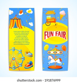 Amusement entertainment carnival fun fair vertical banners advertising leaflets isolated vector illustration