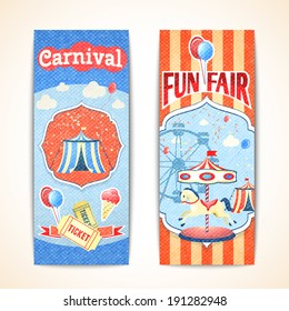 Amusement entertainment carnival theme park fun fair vintage vertical banners isolated vector illustration