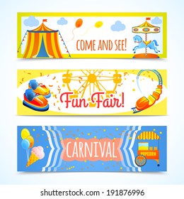 Amusement entertainment carnival theme park fun fair horizontal banners isolated vector illustration