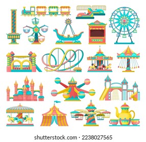 Amusement or Entertainment Park with Attractions Like Merry-go-round and Bouncy Castle Vector Set