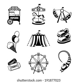 Amusement entertainment park black and white  icons set isolated vector illustration