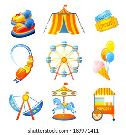 Amusement entertainment park icons set with ferris wheel rollercoaster marry-go-round isolated vector illustration