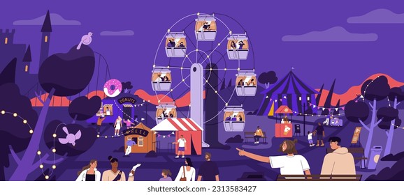 Amusement, entertainment park at night. People entertaining, having fun on summer holiday, vacation. Ferris observation wheel and leisure activities at summertime weekend. Flat vector illustration