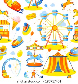 Amusement entertainment park seamless pattern with tent cars rides vector illustration