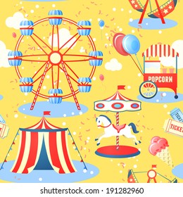 Amusement entertainment park seamless pattern with ferris wheel ice cream popcorn vector illustration