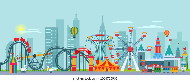 Amusement family park background with carousel, ferris wheel, circus, aerostat. Vector illustration