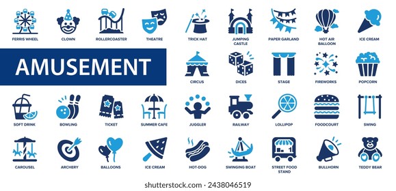 Amusement flat icons set. Park, entertainment, recreation, children, games, fun, carousels icons and more signs. Flat icon collection.