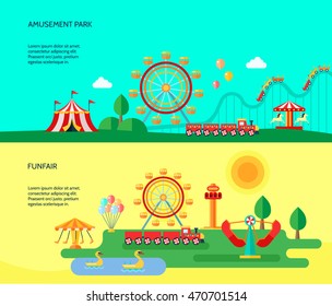 Amusement funfair park park attractions 2 flat horizontal banners with traveling circus tent abstract isolated vector illustration