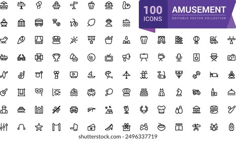 Amusement icon collection. Set of outline icons related to entertainment. Linear icon collection. Editable vector stroke.