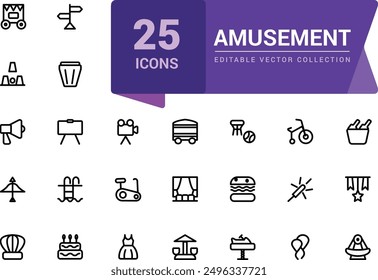 Amusement icon collection. Set of outline icons related to entertainment. Linear icon collection. Editable vector stroke.