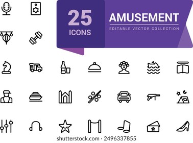 Amusement icon collection. Set of outline icons related to entertainment. Linear icon collection. Editable vector stroke.