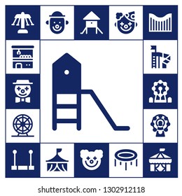  amusement icon set. 17 filled amusement icons.  Simple modern icons about  - Carousel, Claw machine, Clown, Playground, Ferris wheel, Slide, Trapeze, Circus, Trampoline, Roller coaster