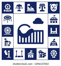 amusement icon set. 17 filled amusement icons.  Collection Of - Ferris wheel, Trampoline, Roller coaster, Slide, Circus, Amusement park, Carousel, Trapeze, Bumper car, Clown